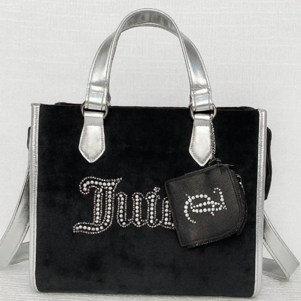 Juicy Couture Black & Silver Velvet Tote Bag – 9” Length x 8” Height